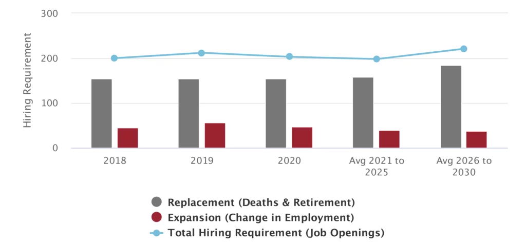 A bar and line graph showing hiring requirements from 2018 to 2030, with replacement (gray), expansion (red), and total job openings (blue line).